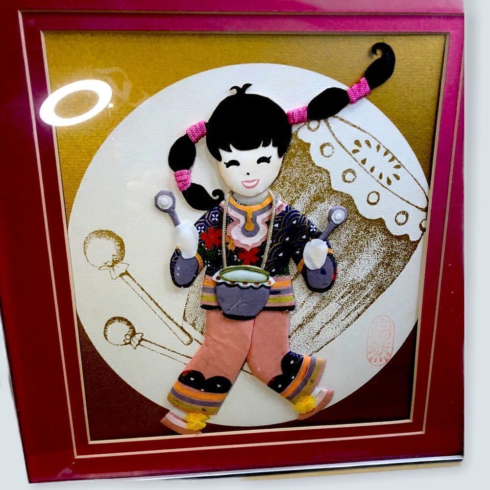 JAPANESE Washi Paper Quilting Wall Art Doll Fabric on Cardboard Framed Kid Girl